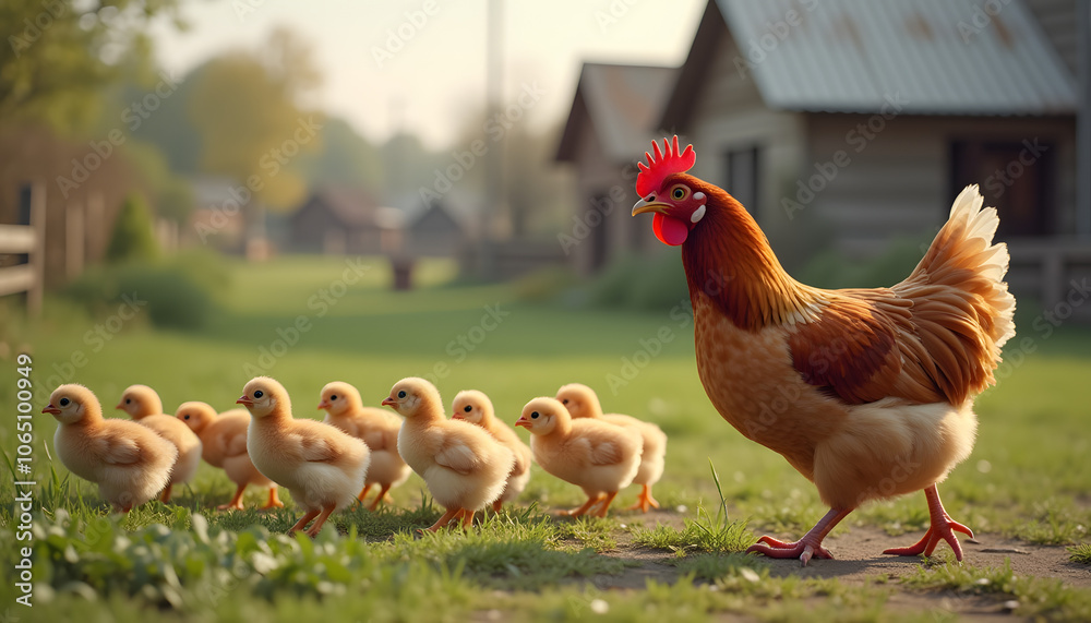 Fototapeta premium A mother hen with chickens on the background of a farmyard