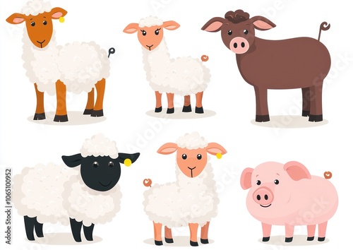 Cute cartoon farm animals in flat on a white background, including sheep and pigs