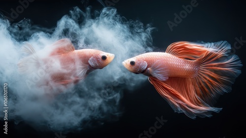 Captured in an otherworldly scene, two orange fish swim face-to-face amidst swirling mists of water, representing unity and the elegance of nature. photo