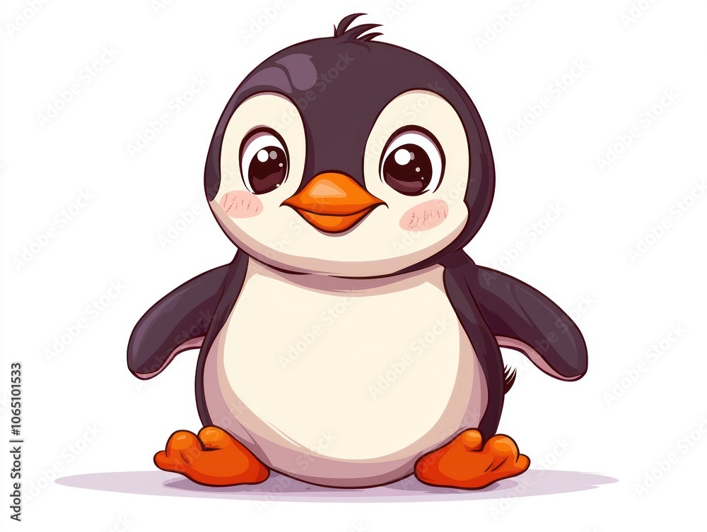 Obraz premium Cute cartoon penguin sitting down with tilted head, vector