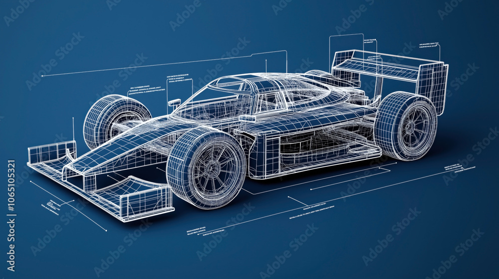 Detailed wireframe illustration of a race car design showing technical ...