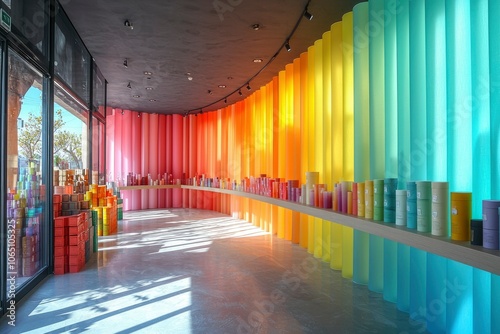 Colorful Cylindrical Panels and Products on a Shelf in a Store photo