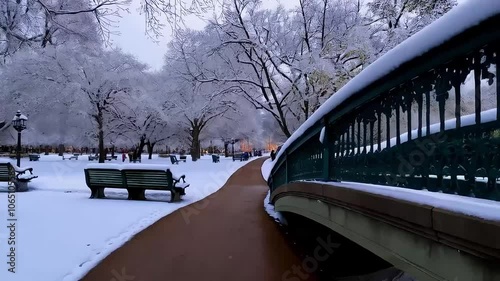 Snow-Covered Wooden Bridge in Village, Winter Scene with Wooden Bridge in Snowy Village
