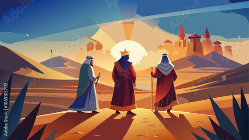 The three wise men journeying to bethlehem at sunrise