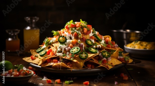 A dynamic pile of nachos with cheese, tomato, onion, and lime, arranged on a table, highlighting the rich textures and flavors of this tasty dish.