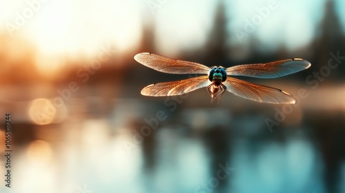 A vibrant dragonfly with intricately detailed wings is paused in midair against a stunning sunset, the warm colors reflecting off the water beneath, creating a serene scene. photo