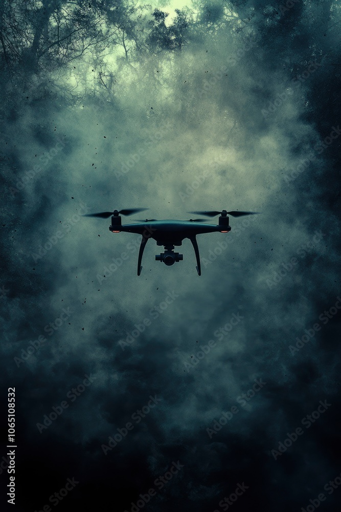 Fototapeta premium A Silhouette of a Drone Against a Gloomy Forest Sky