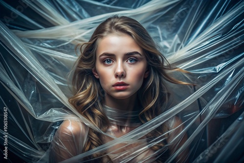 The girl is wrapped in cellophane or a bag. The girl is suffocating. Plastic pollution of the planet. Environmental hazard. Reducing the reuse of plastic. Recycling. The concept of garbage. photo