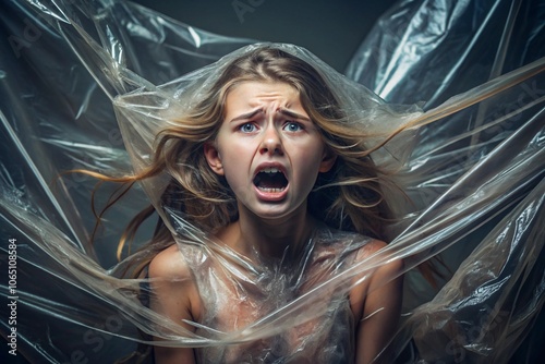 The girl is wrapped in cellophane or a bag. The girl is suffocating. Plastic pollution of the planet. Environmental hazard. Reducing the reuse of plastic. Recycling. The concept of garbage.