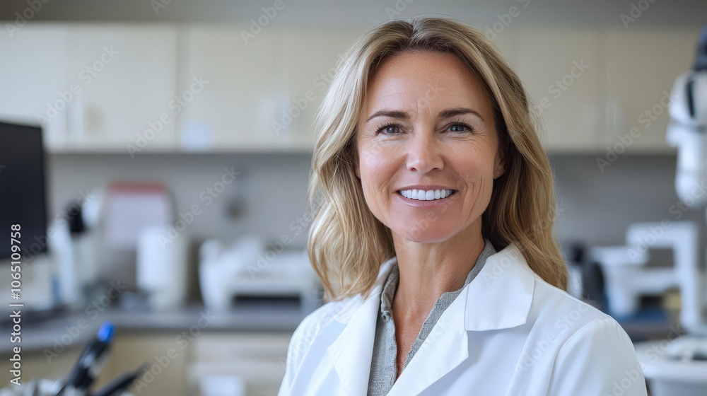 Fototapeta premium Smiling female dentist doctor in a lab coat standing in a modern medical lab, representing professionalism, expertise, and compassion in healthcare and scientific research.