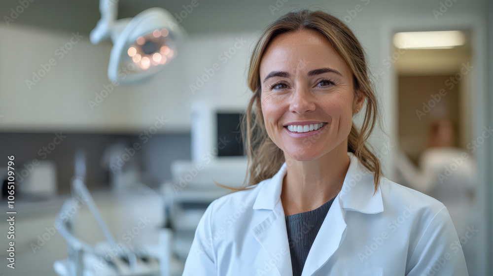 Fototapeta premium Smiling female dentist doctor in a lab coat standing in a modern medical lab, representing professionalism, expertise, and compassion in healthcare and scientific research.