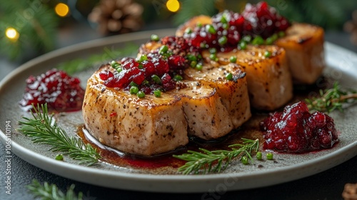 Fototapeta Naklejka Na Ścianę i Meble -  Elegant French foie gras on toast with a cranberry sauce, arranged with holiday decor, soft ambient lighting, luxurious presentation