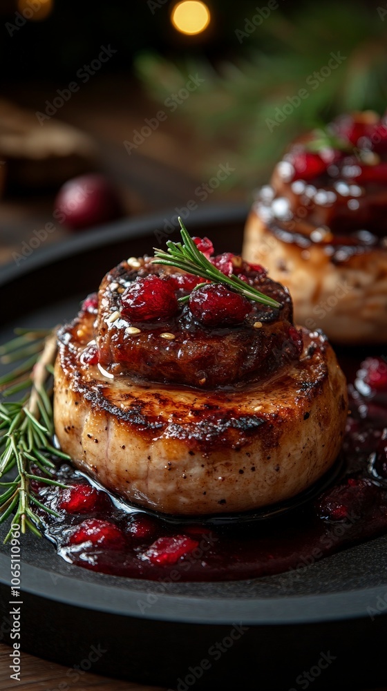 Elegant French foie gras on toast with a cranberry sauce, arranged with holiday decor, soft ambient lighting, luxurious presentation