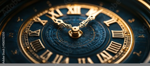 Close-up of a classic clock face with Roman numerals and gold hands.