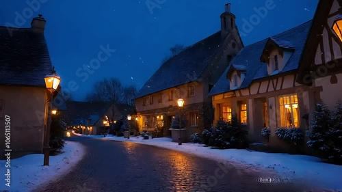 Snowfall Under Village Streetlights at Dusk, Snowflakes Glowing in Evening Village Light
