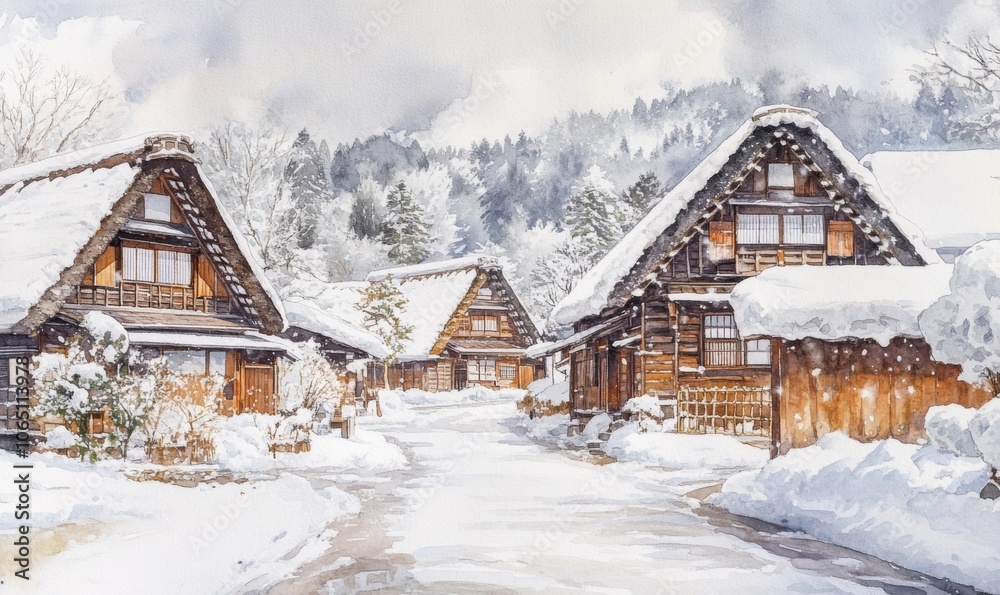Fototapeta premium Watercolor Traditional wooden houses of Shirakawa-go in winter, Japan