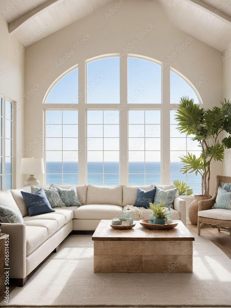 Fototapeta premium Mediterranean room with abundant natural light, highlighting coastal hues and natural textures.