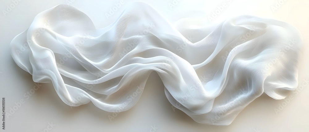 Fototapeta premium A delicate, flowing white fabric drapes elegantly, showcasing soft waves and gentle folds, creating a serene and ethereal atmosphere that invites tranquility.