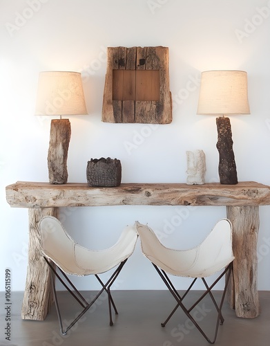 Rustic Wooden Console Table with White Butterfly Chairs and Lamps photo