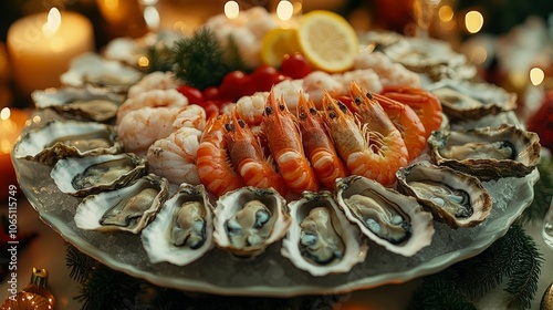 Elegant seafood platter with oysters, shrimp, and crab, holiday decor, candle-lit ambiance, luxurious New Year vibe photo