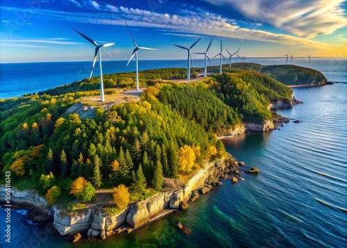 Aerial View of Gros Cap Bluffs Wind Turbines in Sault Ste Marie, Canada - Majestic Mountain Landscape and Renewable Energy Focus photo