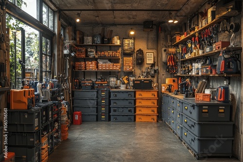 Industrial Workspace with Tool Storage and Shelving photo