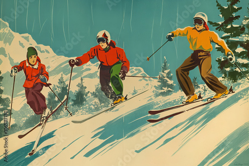 Winter sports and skiing in a winter resort. 60s and 70s style retro poster. Fashionable skier skiing. Colorful winter holidays greeting card and banner. Perfect winter conditions for skiing. photo