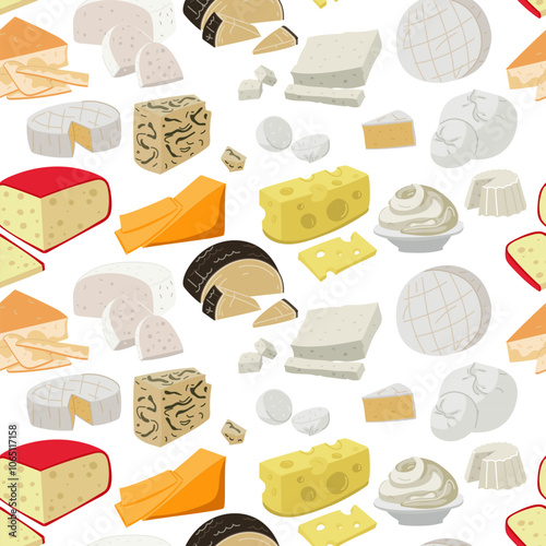 pattern of colored flat cheeses different varieties. Illustrations of cheeses in different positions, slicing, individual pieces, modern texture from dairy products. Popular cheeses in the assortment