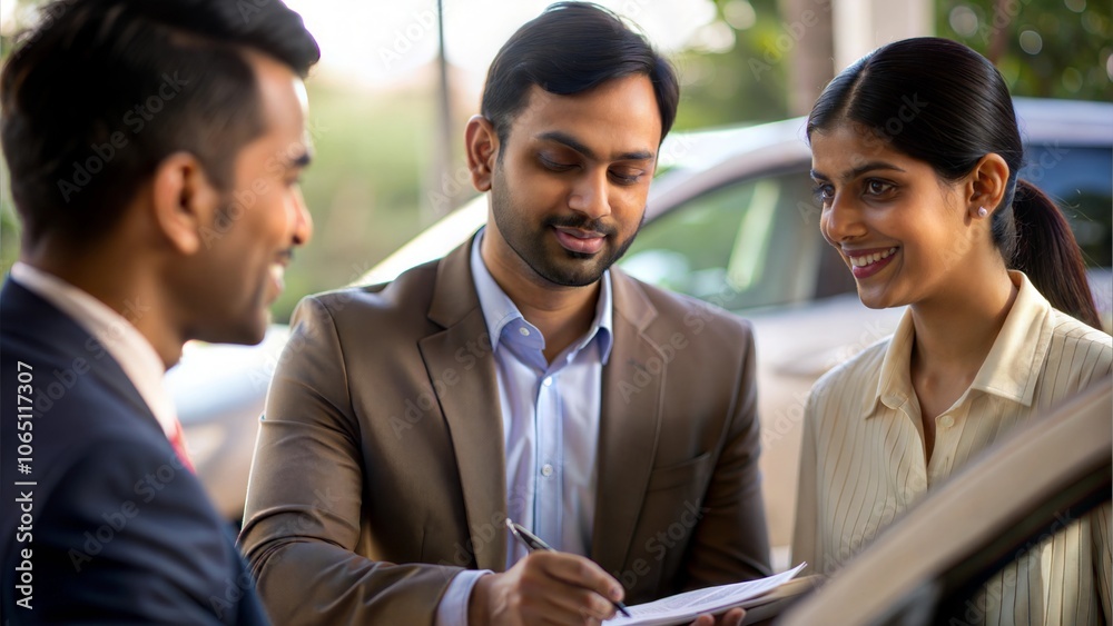An Indian car insurance agent assisting clients in signing an insurance policy with a car visible.
An Indian car insurance agent assisting clients in signing an insurance policy with a car visible.