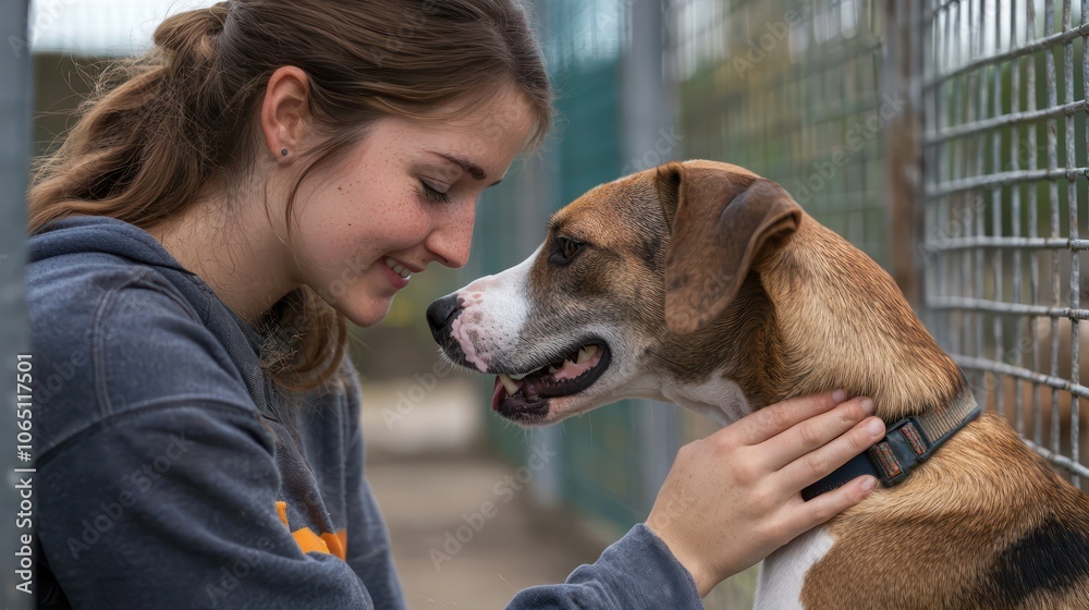Female volunteer interacting closely with a homeless dog at an outdoor animal shelter Female volunteer interacting closely with a homeless dog at an outdoor animal shelter