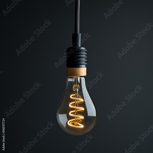 A coiled energy-saving light bulb hangs against a dark background. photo