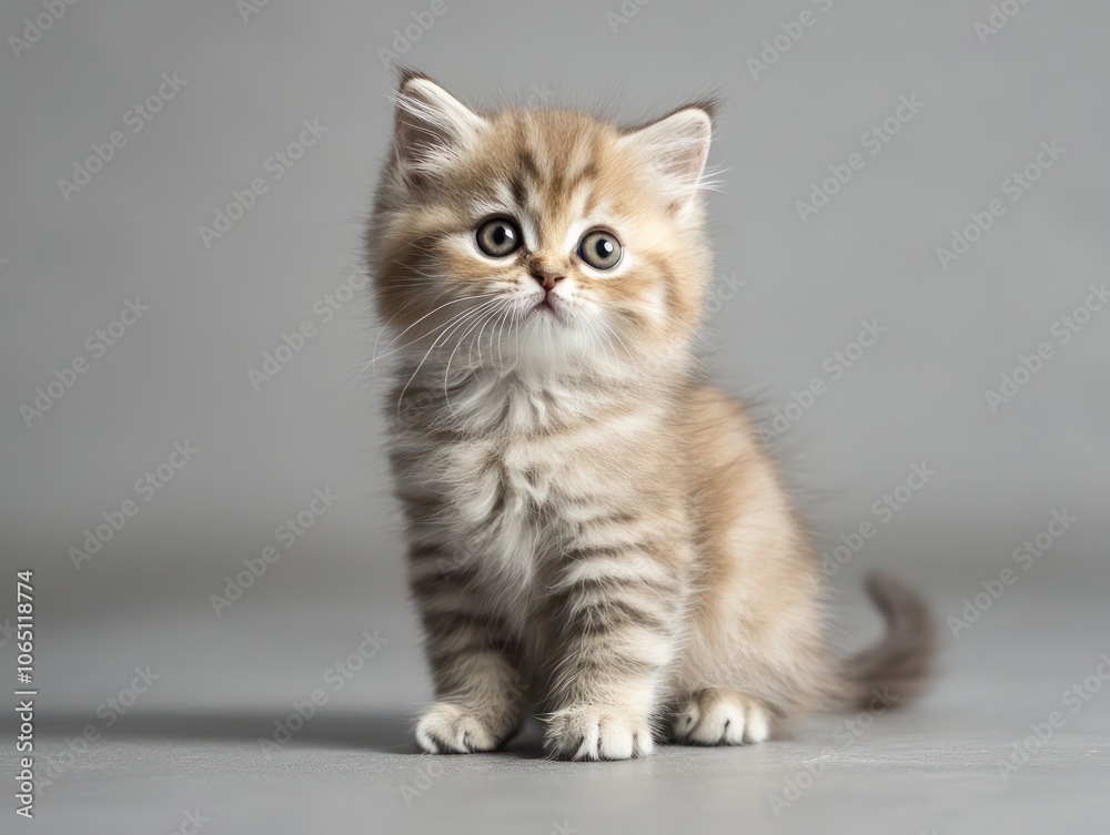 Fototapeta premium Fluffy kitten sitting on a gray background, looking curious