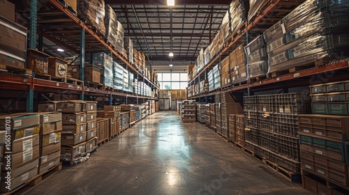 A bustling warehouse filled with neatly stacked boxes and pallets under bright overhead lights during daylight hours. Generative AI