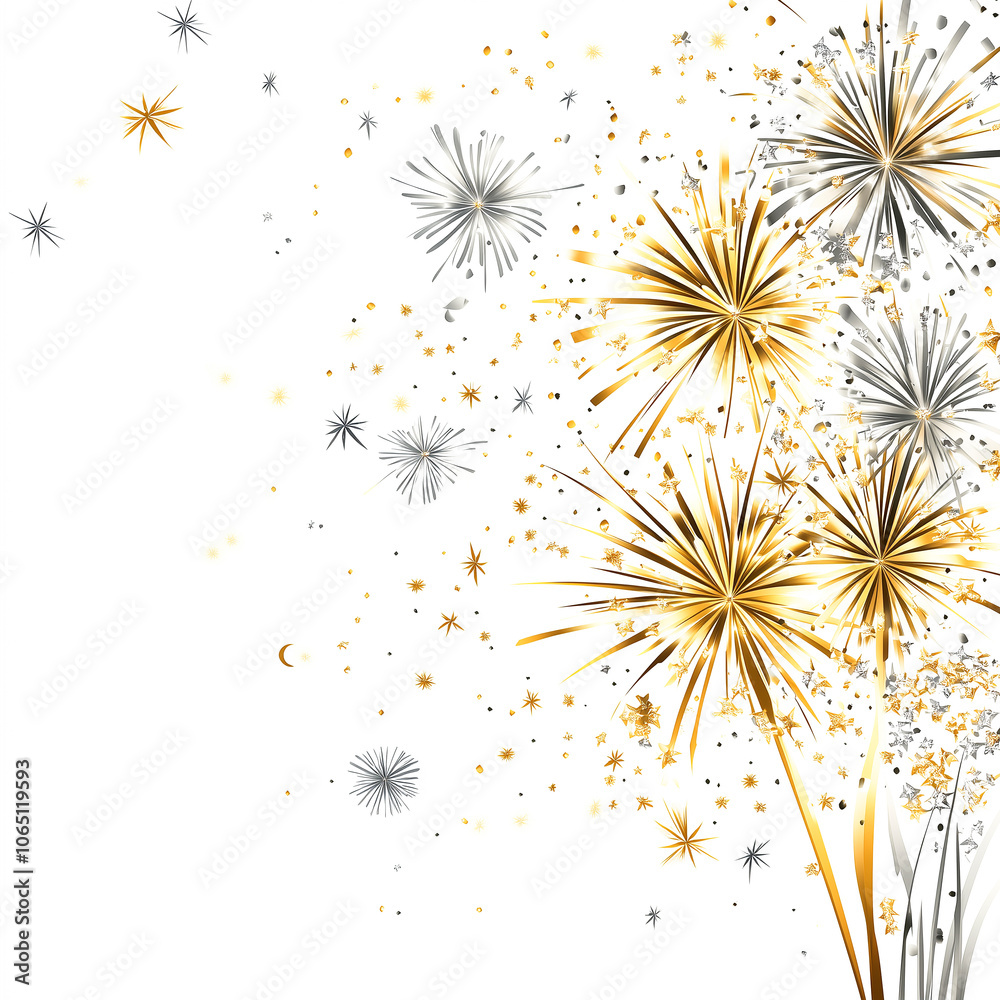 Obraz premium Illustration of fireworks in gold and black bursting in the sky, with scattered sparkles falling around. 