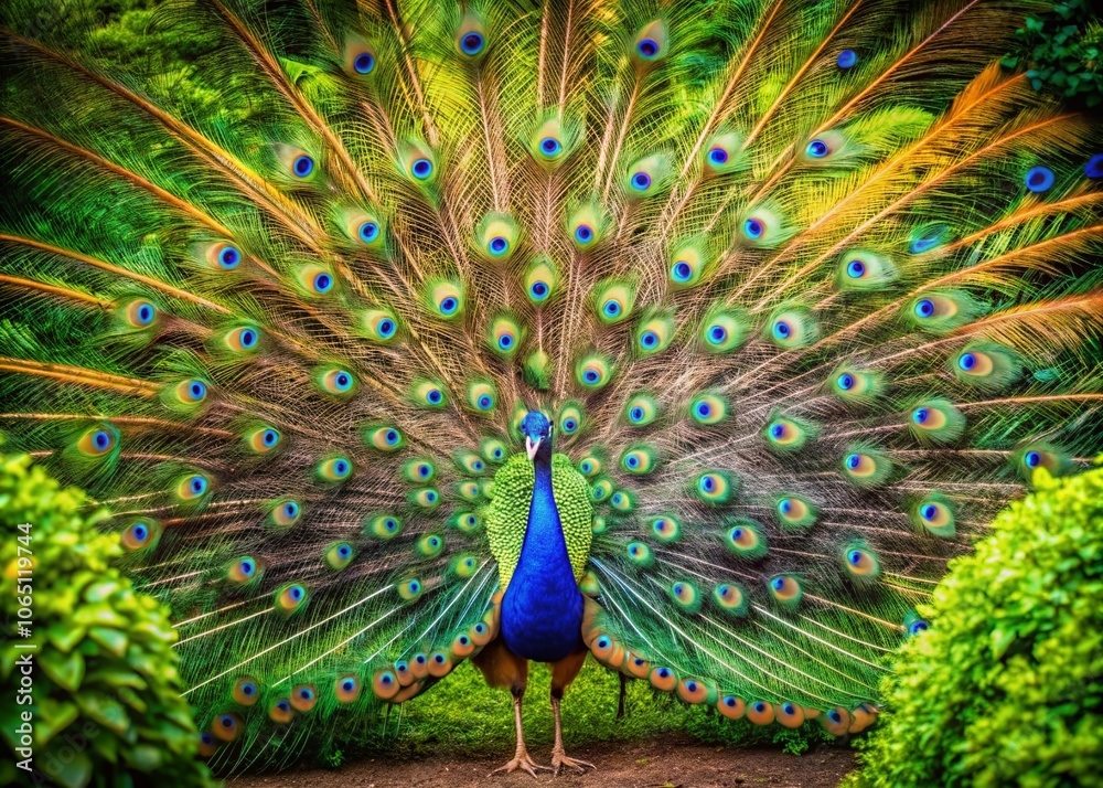Obraz premium Aerial View of Majestic Peacock Displaying Vibrant Feathers in Lush Greenery – Stunning Wildlife Photography Capturing Nature's Beauty and Exotic Birds in Their Natural Habitat