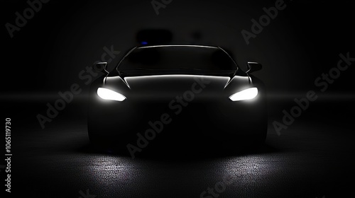 Silhouette of a black sports car with LED headlights, placed on a dark background with space for copy.  photo