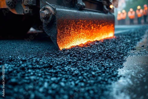 Close-up of a Road Paver Spreading Hot Asphalt photo