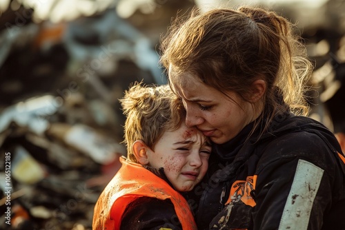 An emotionally charged scene showing a distressed child being comforted by an adult amidst a chaotic background, highlighting safety and human connections. photo