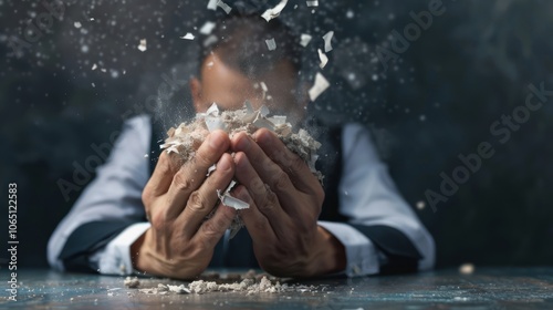 A person holds shattered pieces in their hands, symbolizing stress, broken dreams, or significant life changes in a dramatic and artistic representation. photo