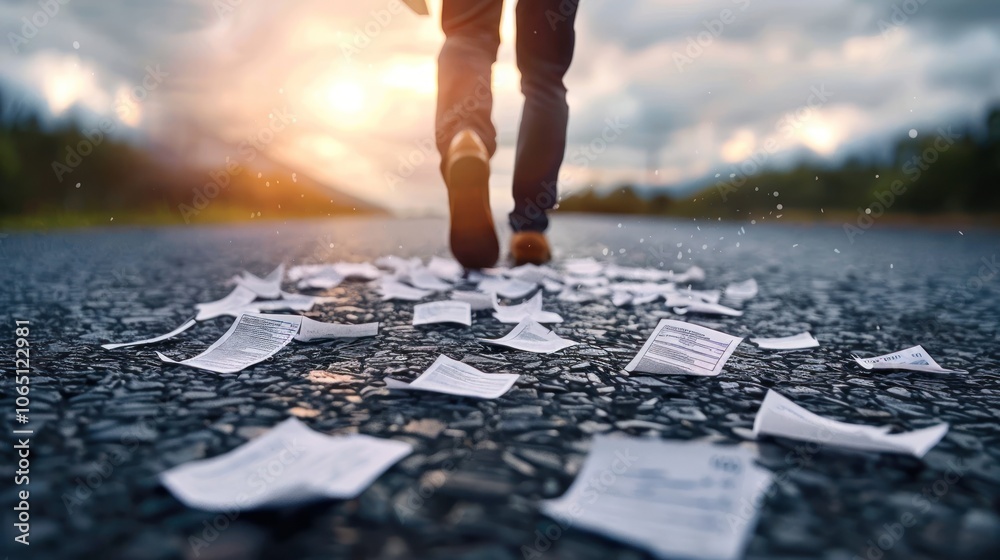 A person walks along a road scattered with papers, under a dramatic sky, symbolizing loss, contemplation, or a journey of reflection.