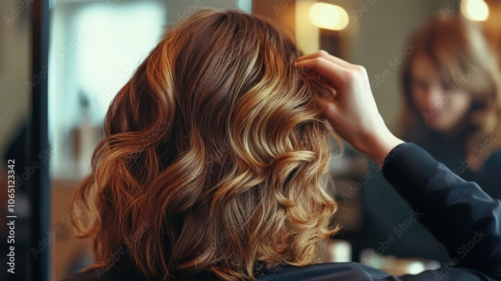 Naklejka premium Back View of Woman Adjusting Her Wavy Hair in Front of Mirror, Highlighting Texture, Volume, and Salon-Fresh Style
