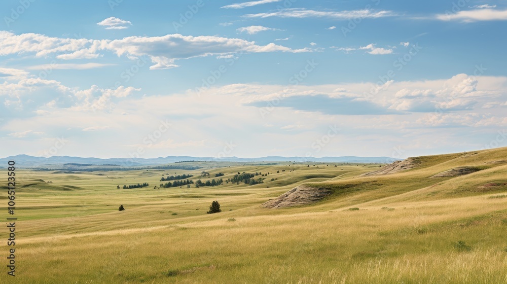 Fototapeta premium Vast open prairie with undulating hills and tall grass swaying in the breeze