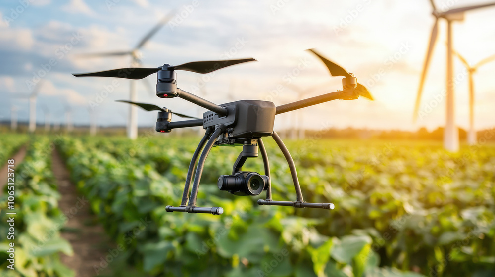 A drone hovers over a lush green field, surrounded by wind turbines, capturing data to optimize agricultural practices in a sustainable way. A drone hovers over a lush green field, surrounded by wind turbines, capturing data to optimize agricultural practices in a sustainable way.