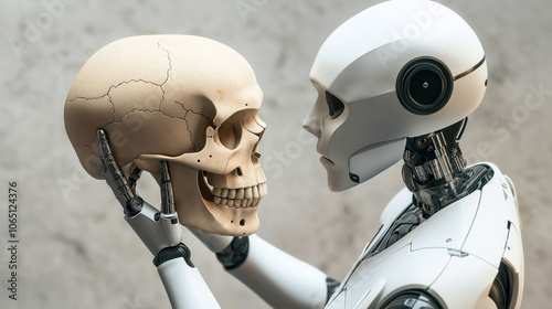 Robot holding a human skull, examining it closely with a focus on artificial intelligence and human evolution.