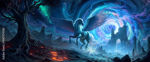 Mythical Unicorn Against a Starry Sky with Floating Mountains and Firey Mane photo