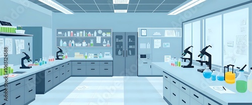 Modern Open-Floor Lab Panorama: Gray Cabinets & White Tile