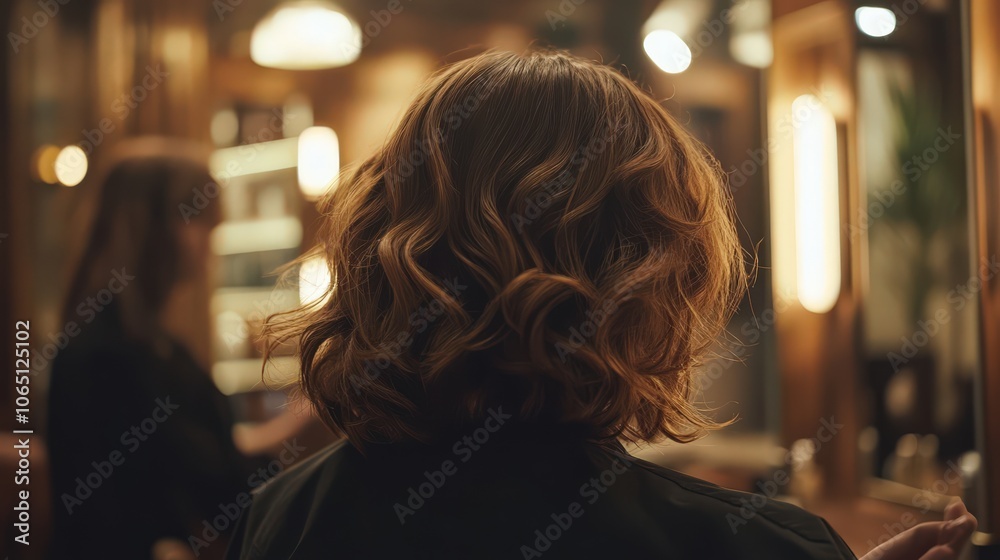 Fototapeta premium Back View of Woman with Styled Wavy Hair in Warmly Lit Salon, Creating an Elegant and Inviting Atmosphere for a Chic Look