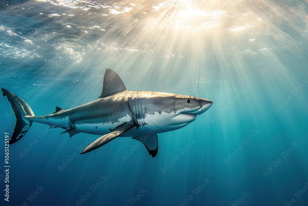 Fototapeta premium Great white shark swimming under bright sun rays in clear water