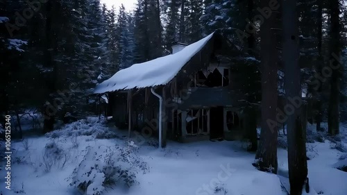 Snowfall on Abandoned House in Winter Forest, Snow-Covered Dilapidated House in Quiet Forest
