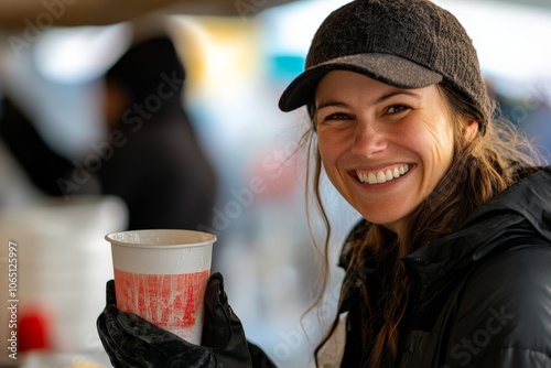 A woman in a gray hat and black jacket smiles broadly while holding a hot drink in a crowded outdoor spot, representing warmth and joy despite the cold weather. photo